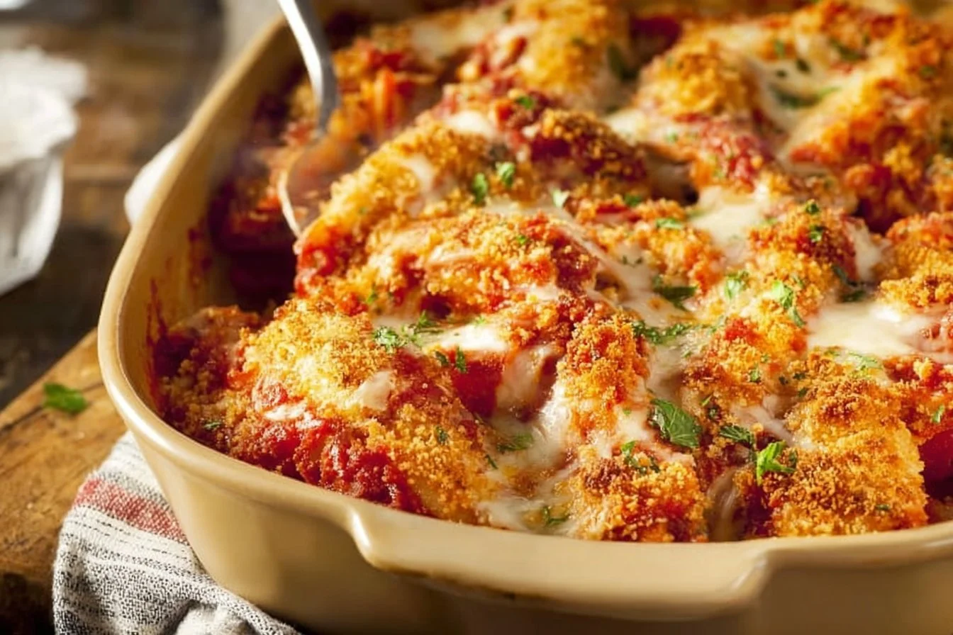 Delicious Chicken Parmesan Casserole topped with cheese and herbs.