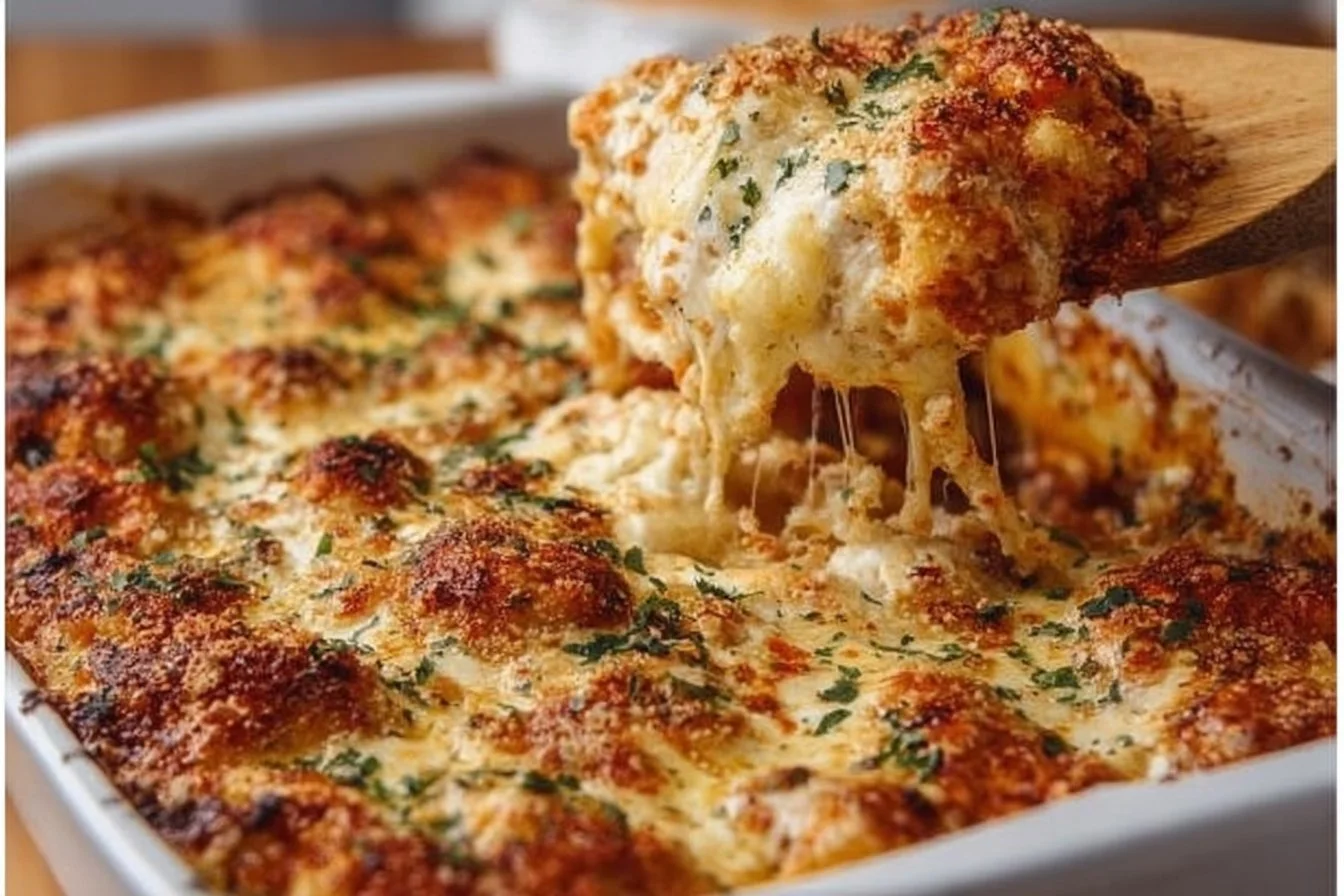 Delicious Chicken Parmesan Casserole served in a baking dish with gooey cheese