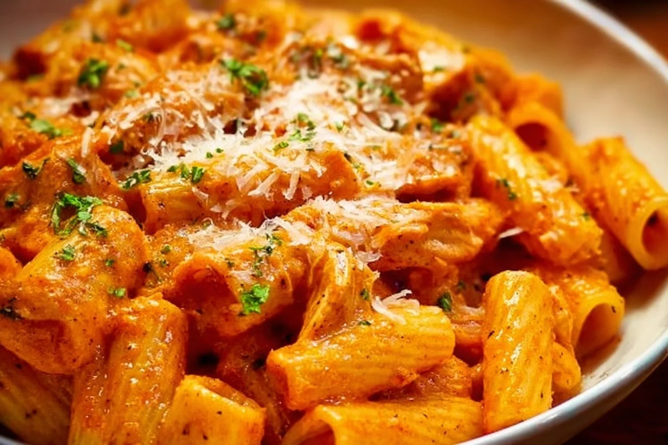 Plate of Chicken Parmesan Pasta with marinara sauce and cheese