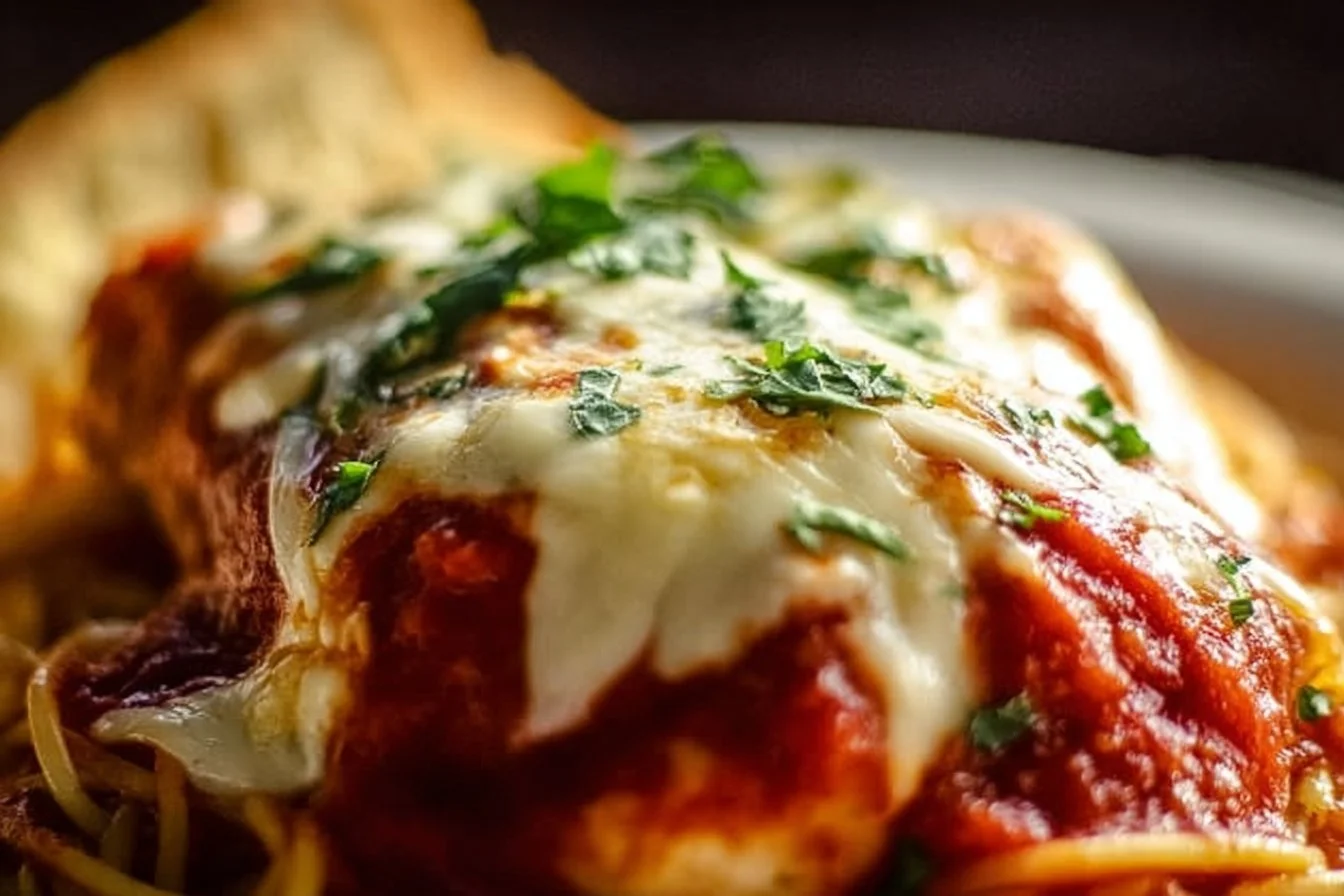 Delicious Chicken Parmesan served with pasta on a plate