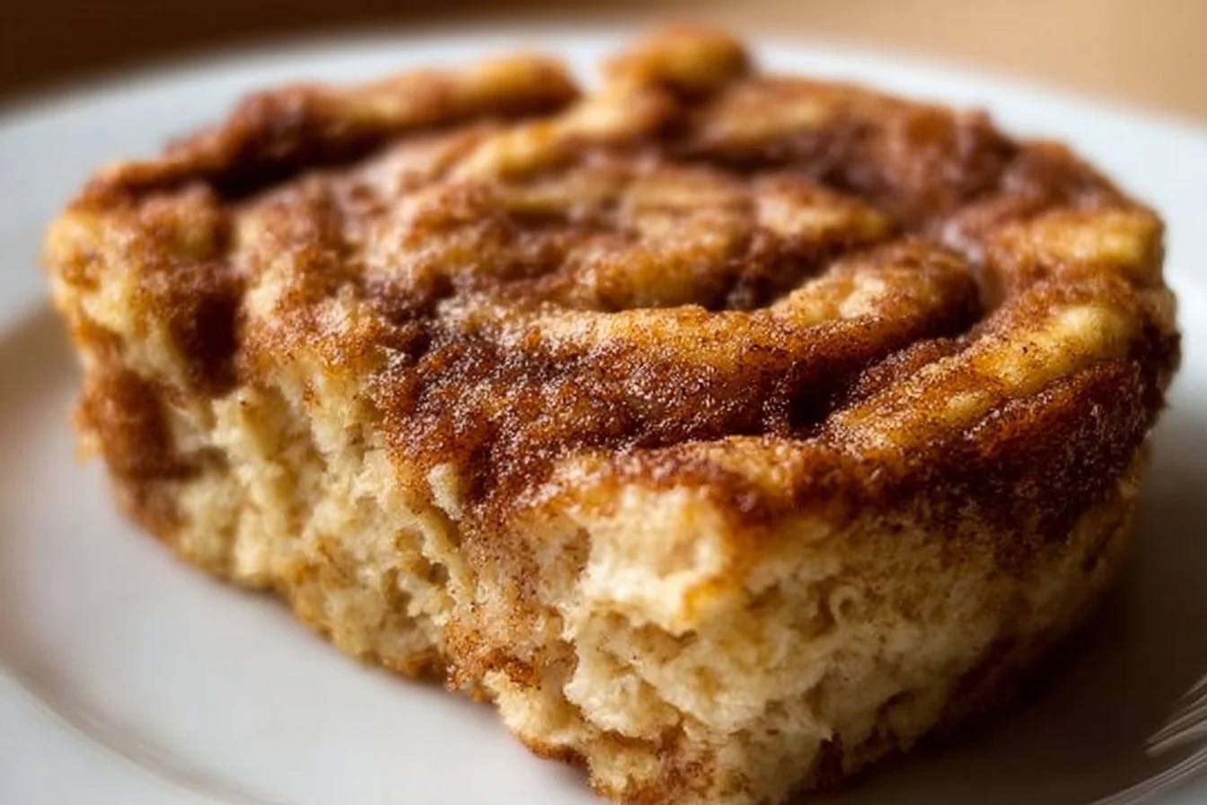 Cinnamon roll baked oatmeal squares topped with icing on a white plate.