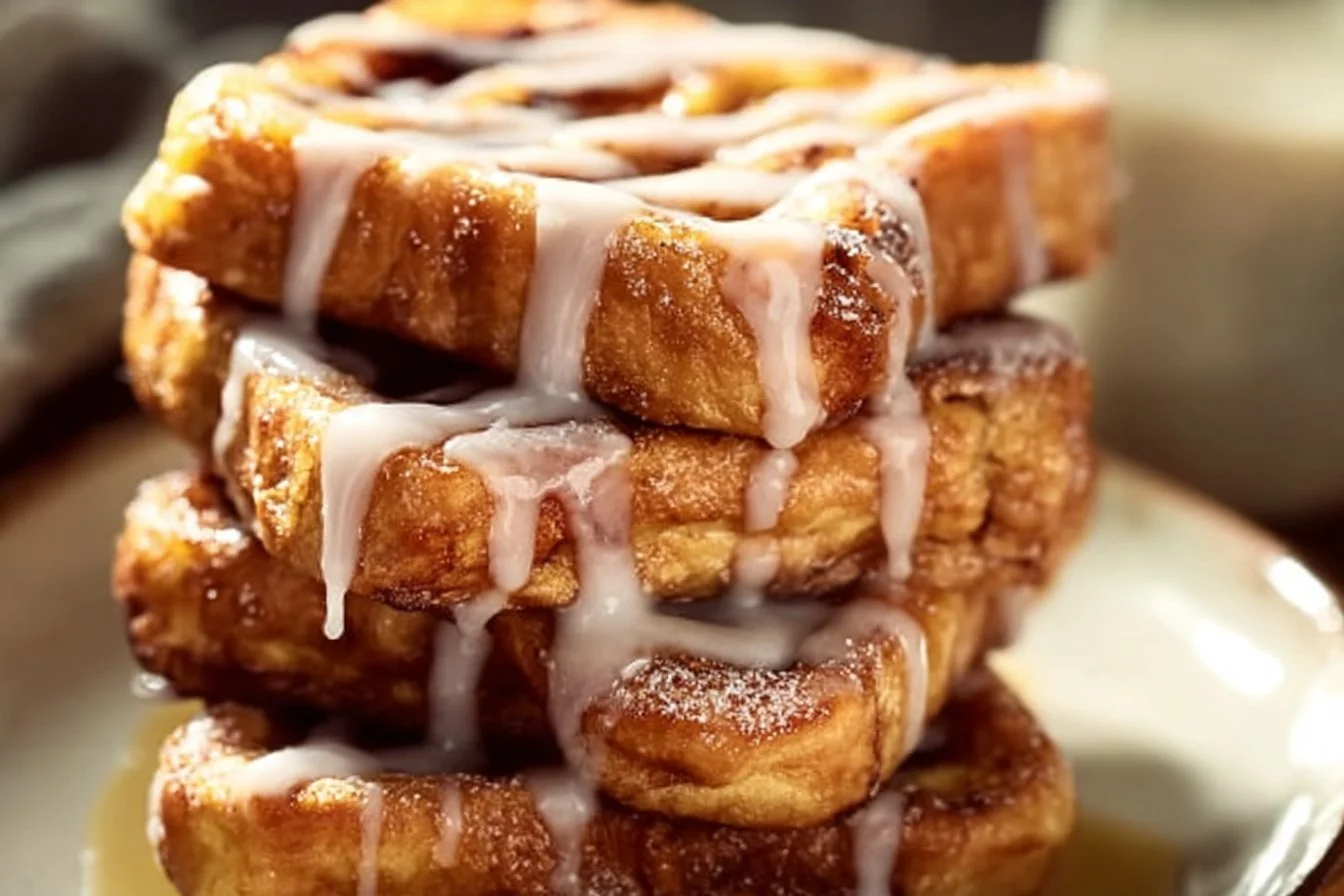 Delicious Cinnamon Roll French Toast topped with icing and berries