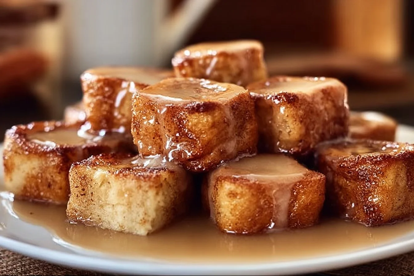 Cinnamon Roll French Toast Bites on a plate with icing and fresh berries