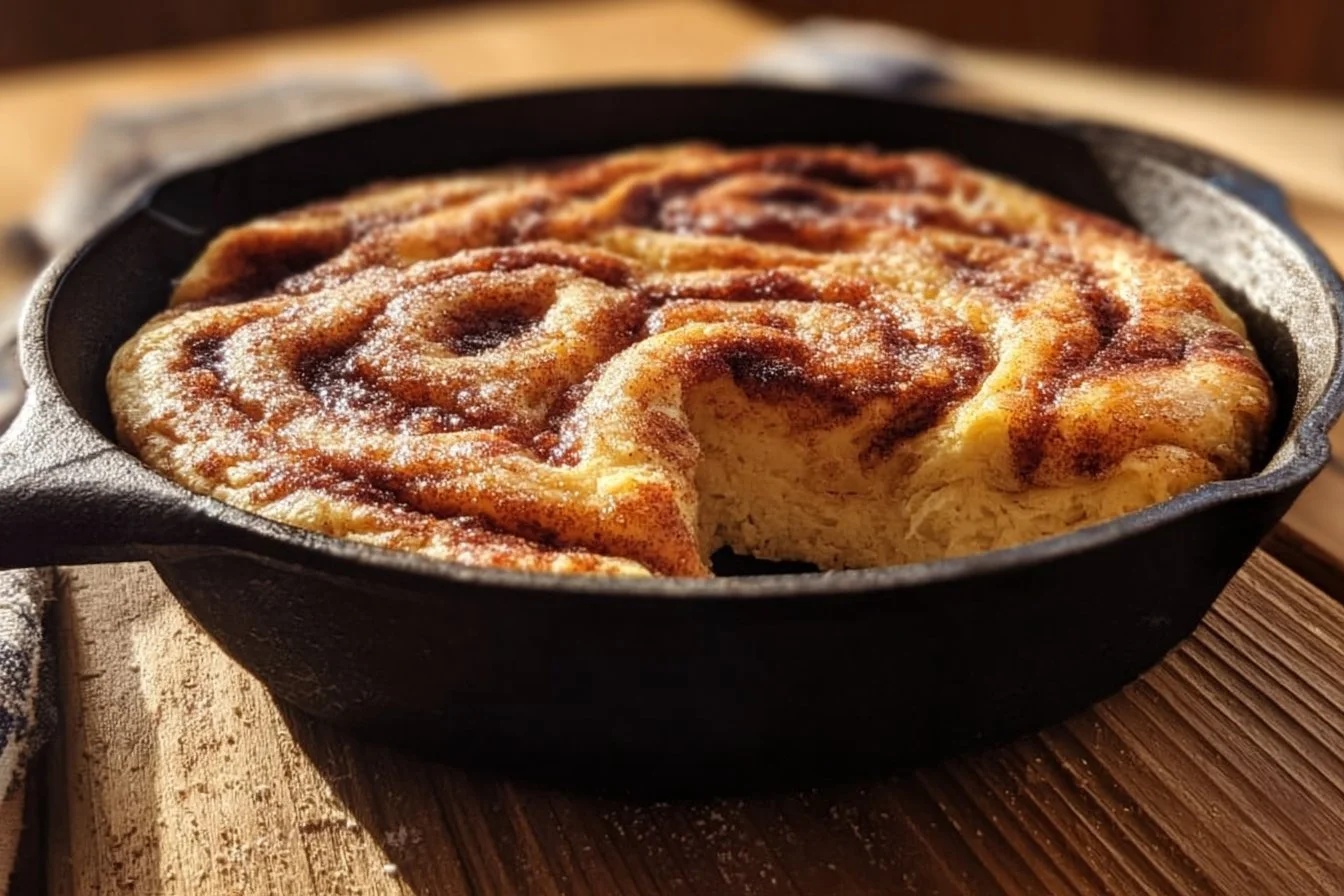 Cinnamon roll pancake skillet served with icing and fresh fruit