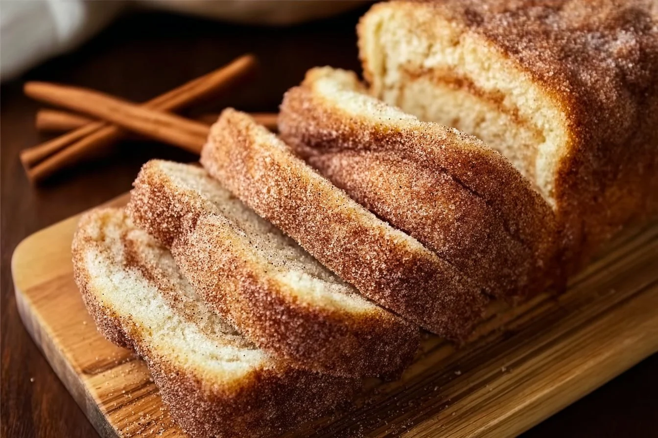Sliced cinnamon sugar donut bread on a plate, showcasing its fluffy texture and sugary topping.