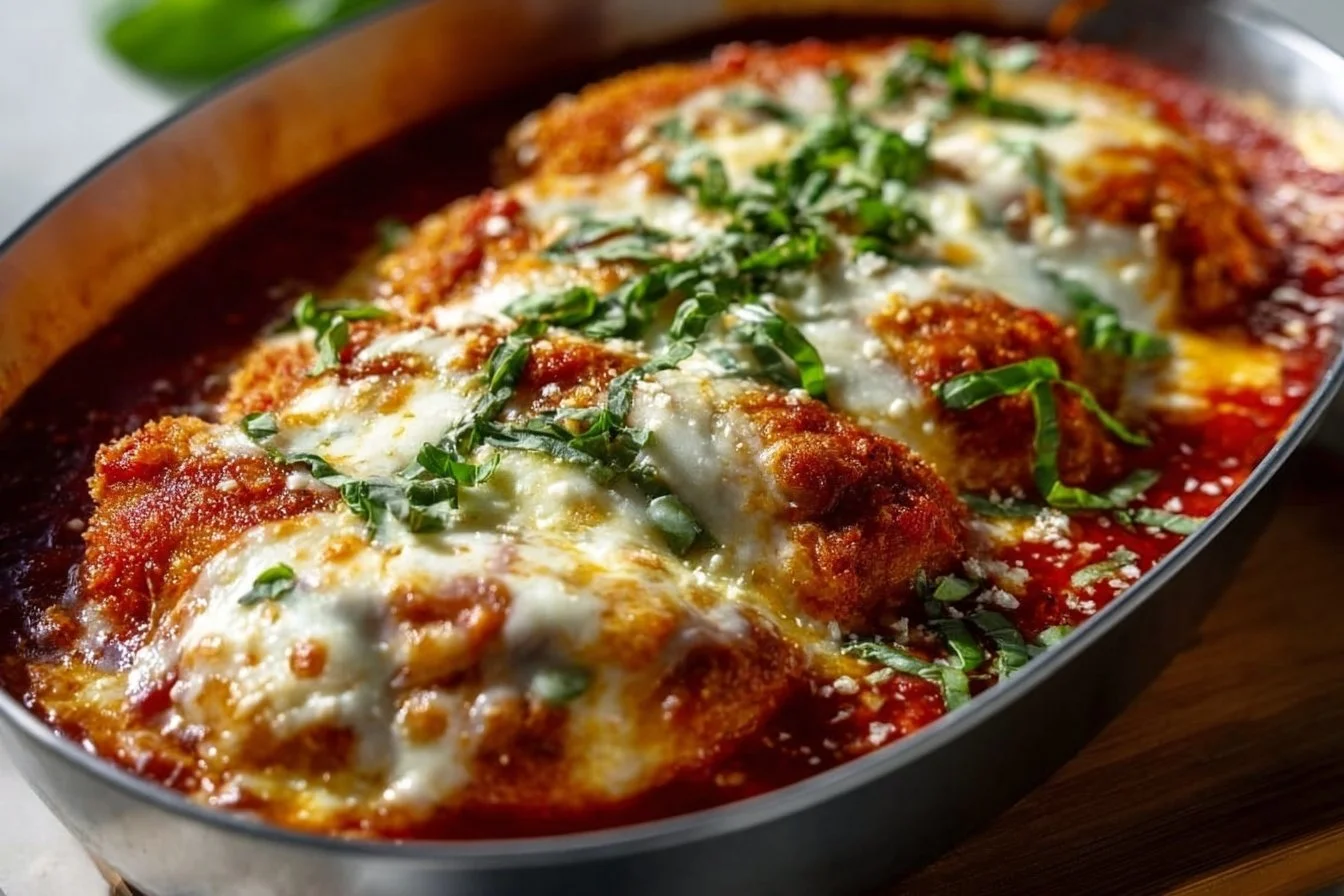 Classic Chicken Parmigiana 4 Plate of Classic Chicken Parmigiana with melted cheese and marinara sauce
