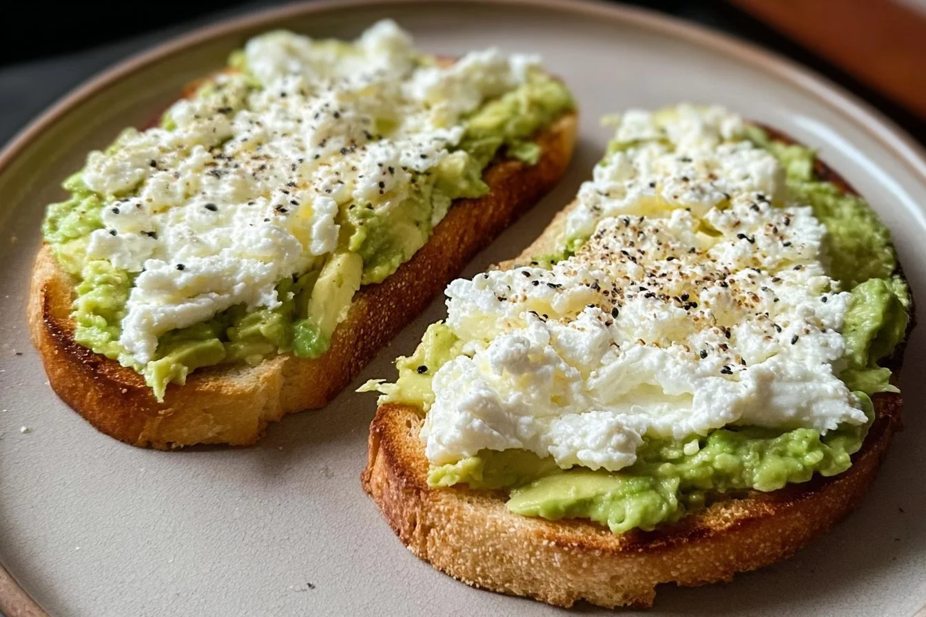 Healthy cottage cheese avocado toast topped with herbs and spices.
