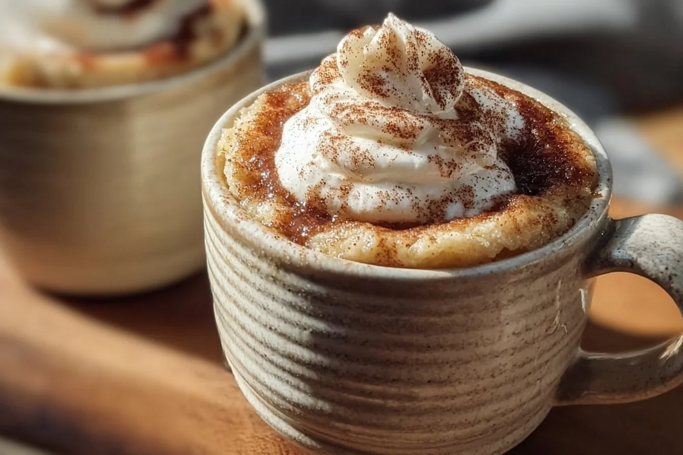 Cottage Cheese Cinnamon Roll Mug Cake 4 Cottage cheese cinnamon roll mug cake in a ceramic mug on a kitchen countertop