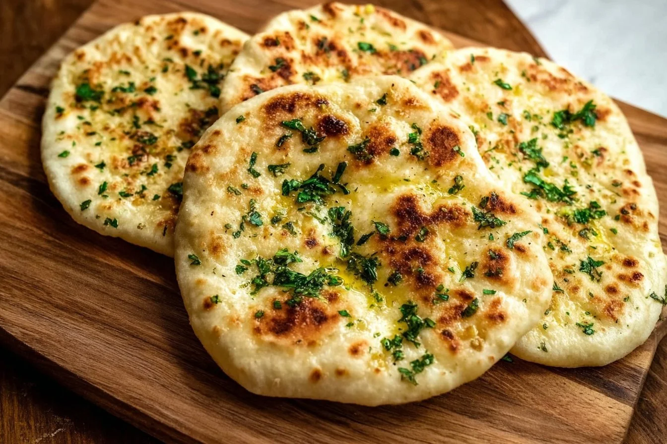 Homemade Cottage Cheese Flatbread with toppings on a wooden cutting board.