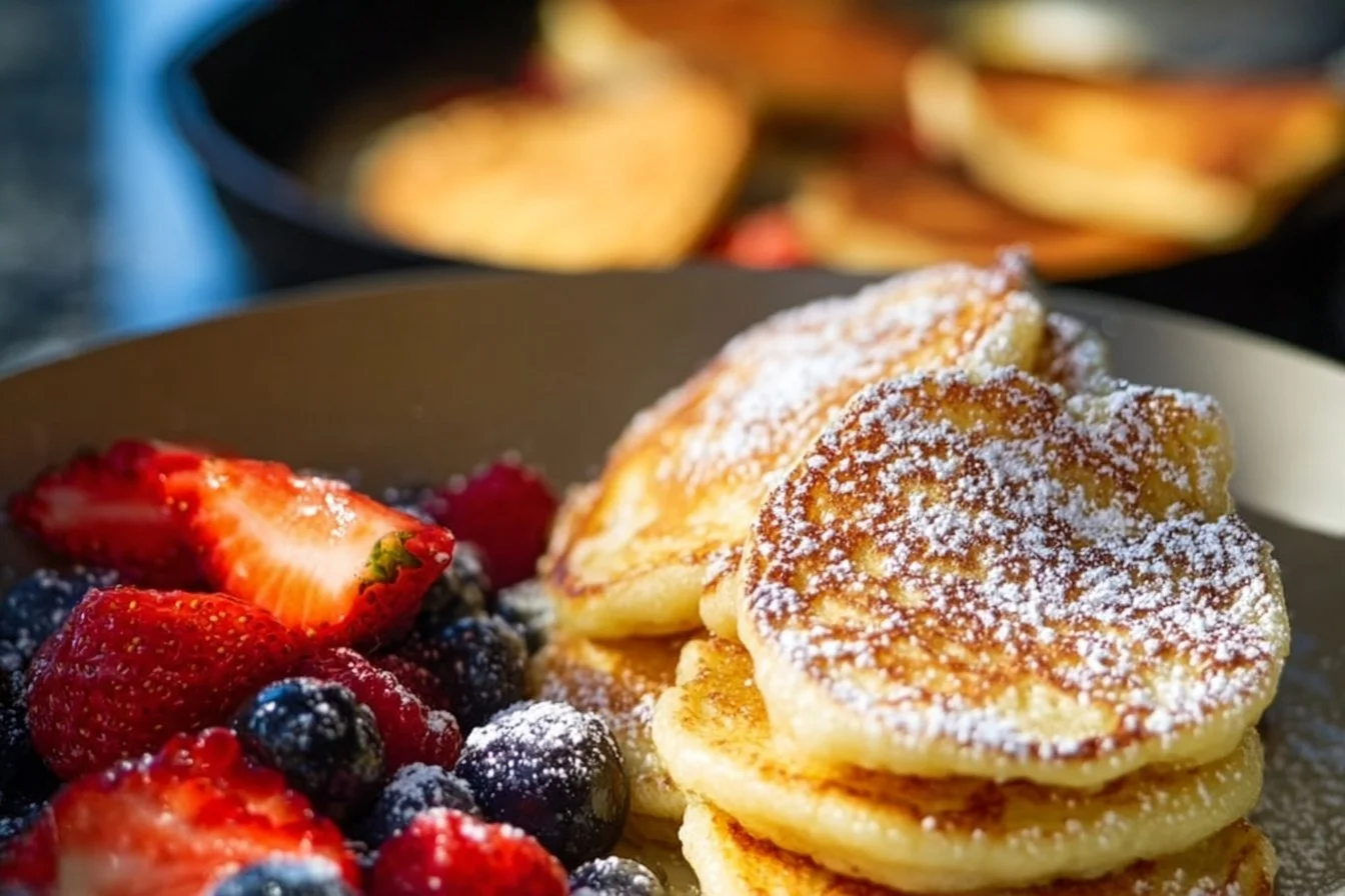 Fluffy cottage cheese pancakes served on a plate with syrup and fresh berries