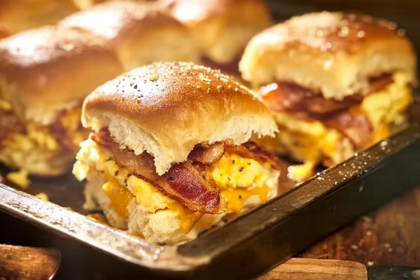 Delicious Crack Breakfast Sliders with eggs, cheese, and sausage on soft buns