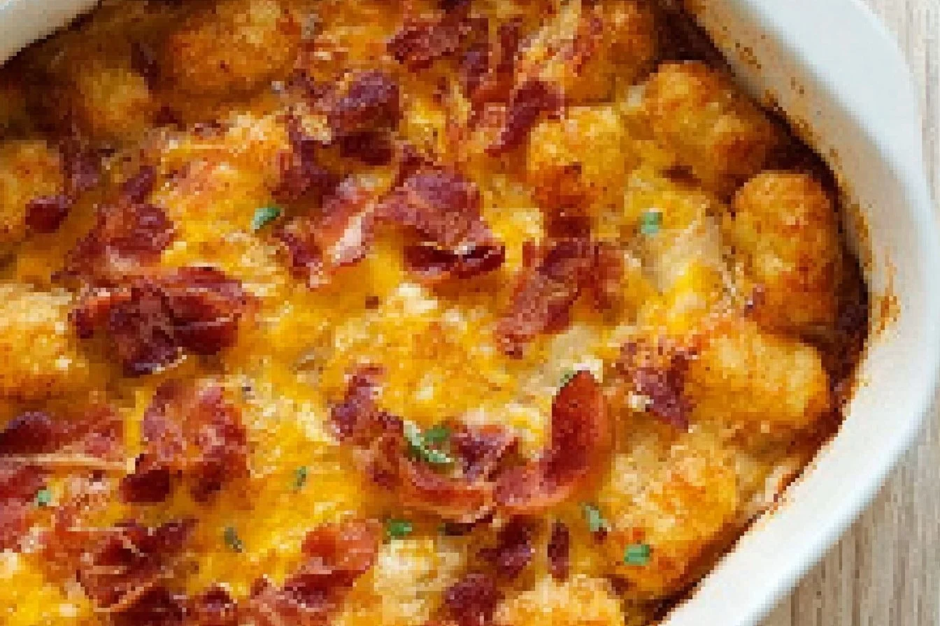 Cracked Out Tater Tot Breakfast Casserole 5 Cracked Out Tater Tot Breakfast Casserole topped with cheese and bacon.