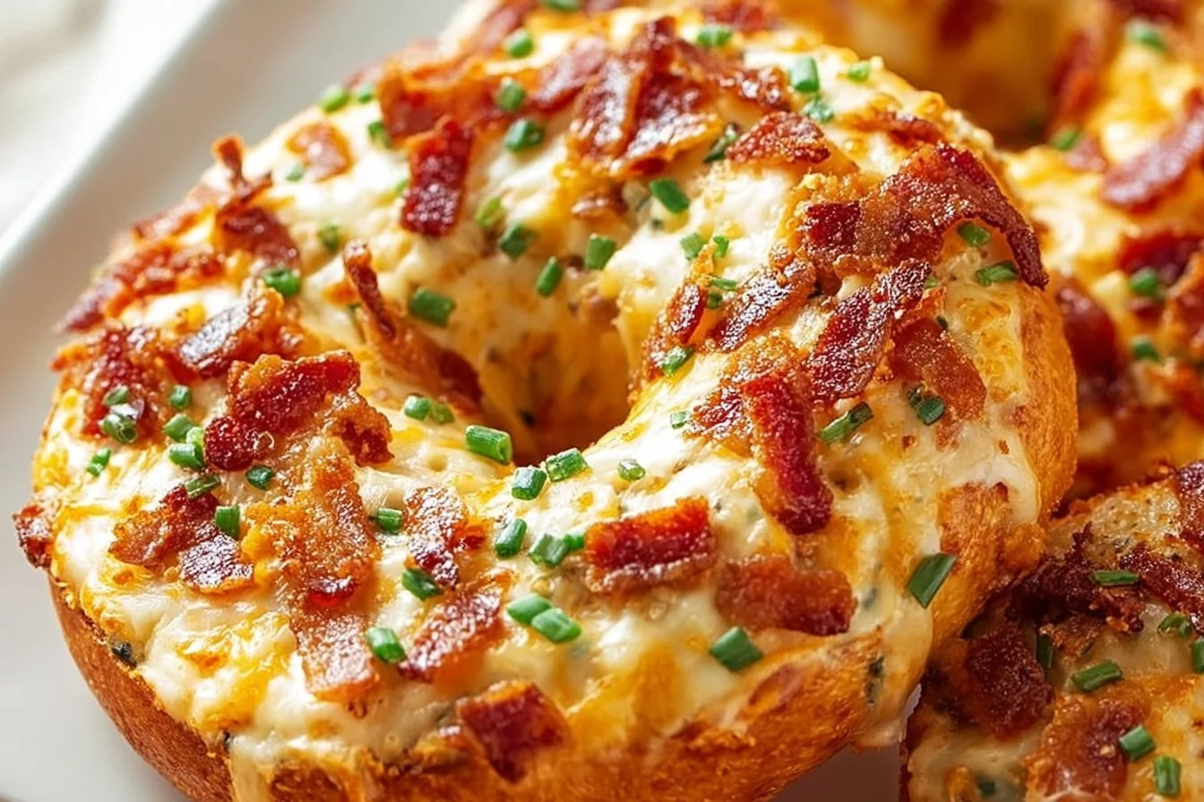Creamy Bacon Cheddar Bagels 5 Delicious creamy bacon cheddar bagels topped with melted cheese and crispy bacon.