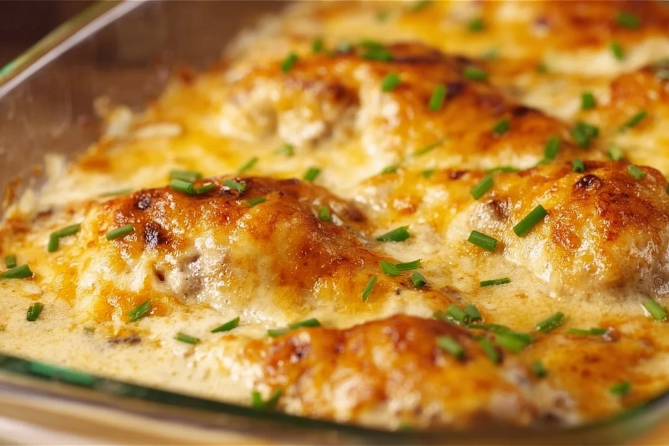 Creamy Baked Chicken Breasts 4 Creamy baked chicken breasts served with a side of vegetables