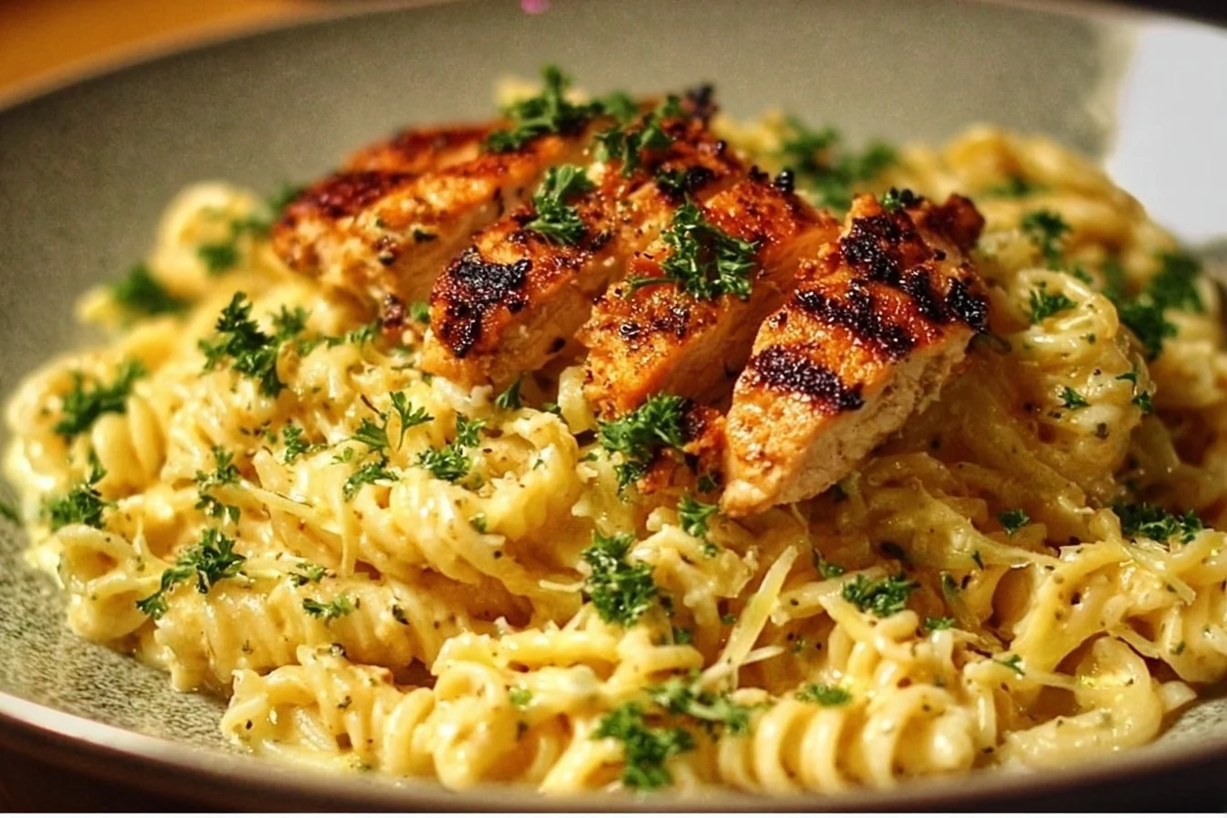 Creamy chicken garlic parmesan pasta served in a bowl with herbs