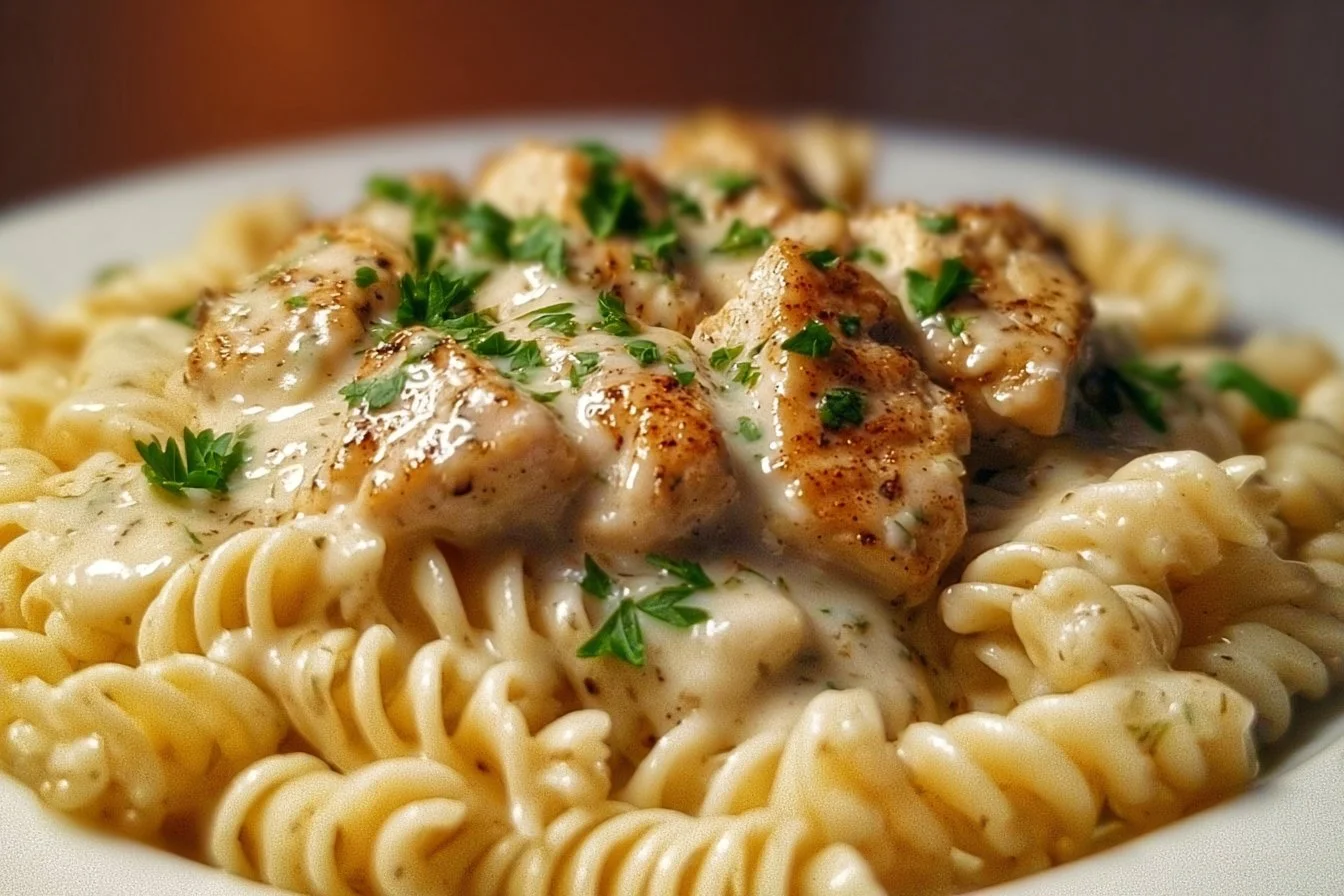 Creamy Garlic Butter Chicken and Rotini in Parmesan Sauce 4 Creamy garlic butter chicken served with rotini in Parmesan sauce