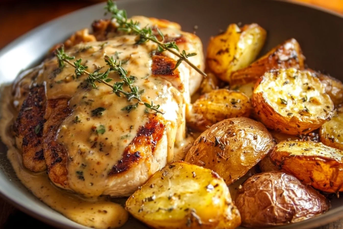 Creamy garlic chicken with potatoes served in a bowl for a savory meal.