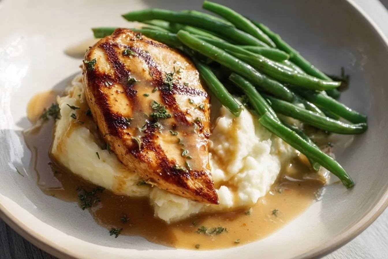 Creamy garlic Parmesan chicken breast served with herbs and spices.