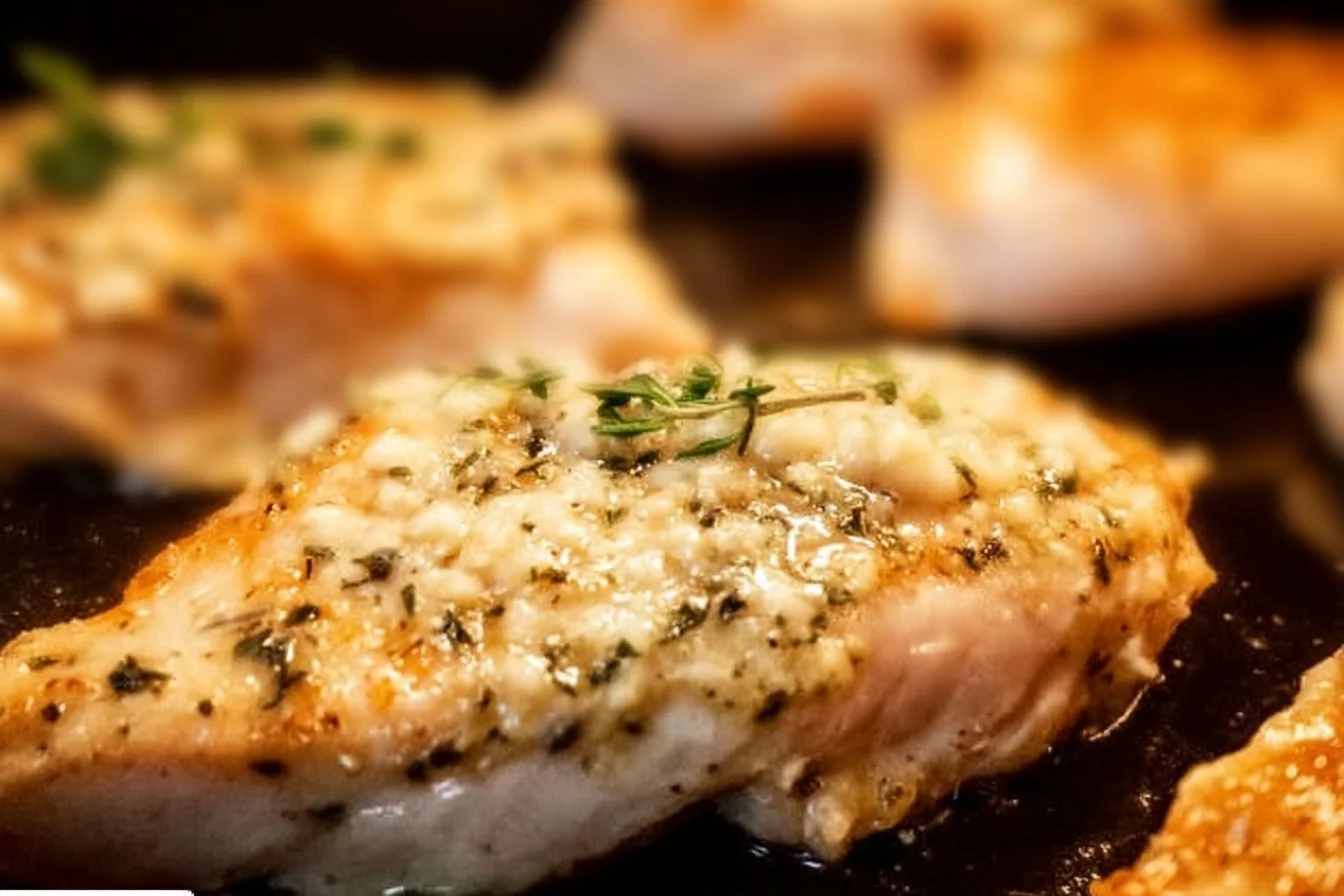 Creamy oven-baked chicken breasts garnished with herbs