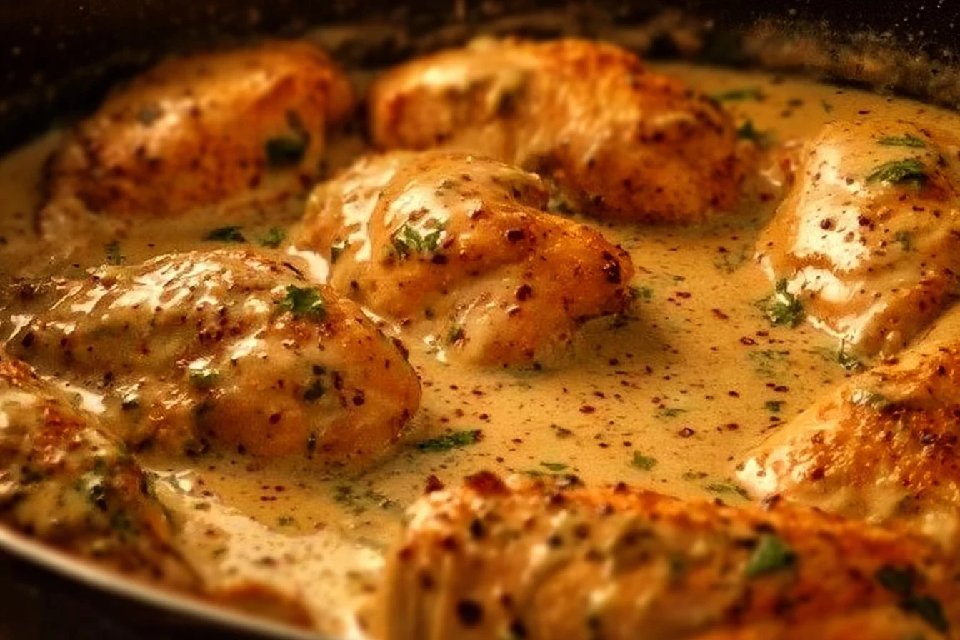 Creamy ranch chicken dish garnished with herbs on a plate