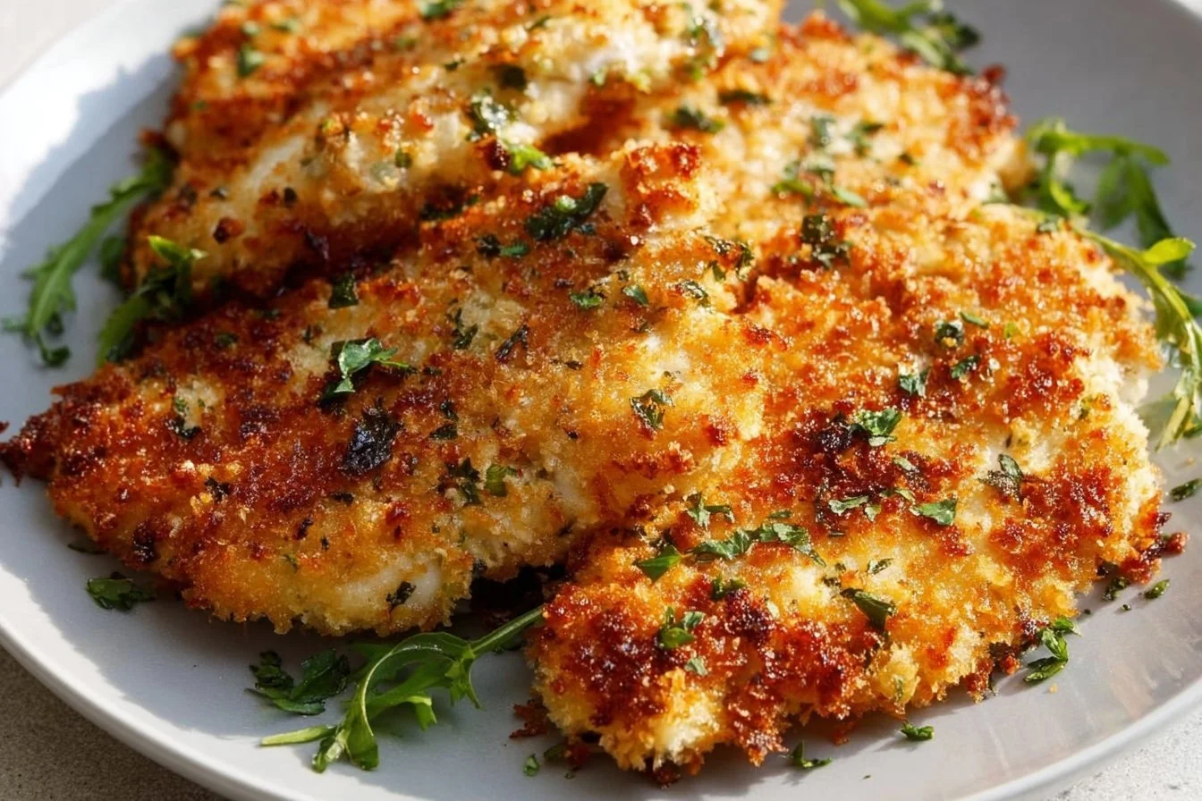 Crispy Air Fryer Parmesan Chicken 4 Crispy Air Fryer Parmesan Chicken served with herbs and sides