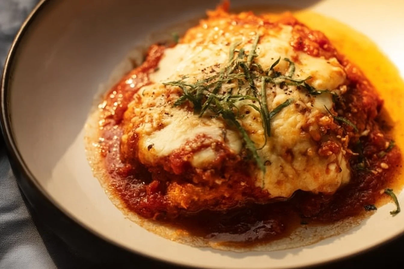 Crispy baked chicken with marinara sauce and melted mozzarella cheese on top.