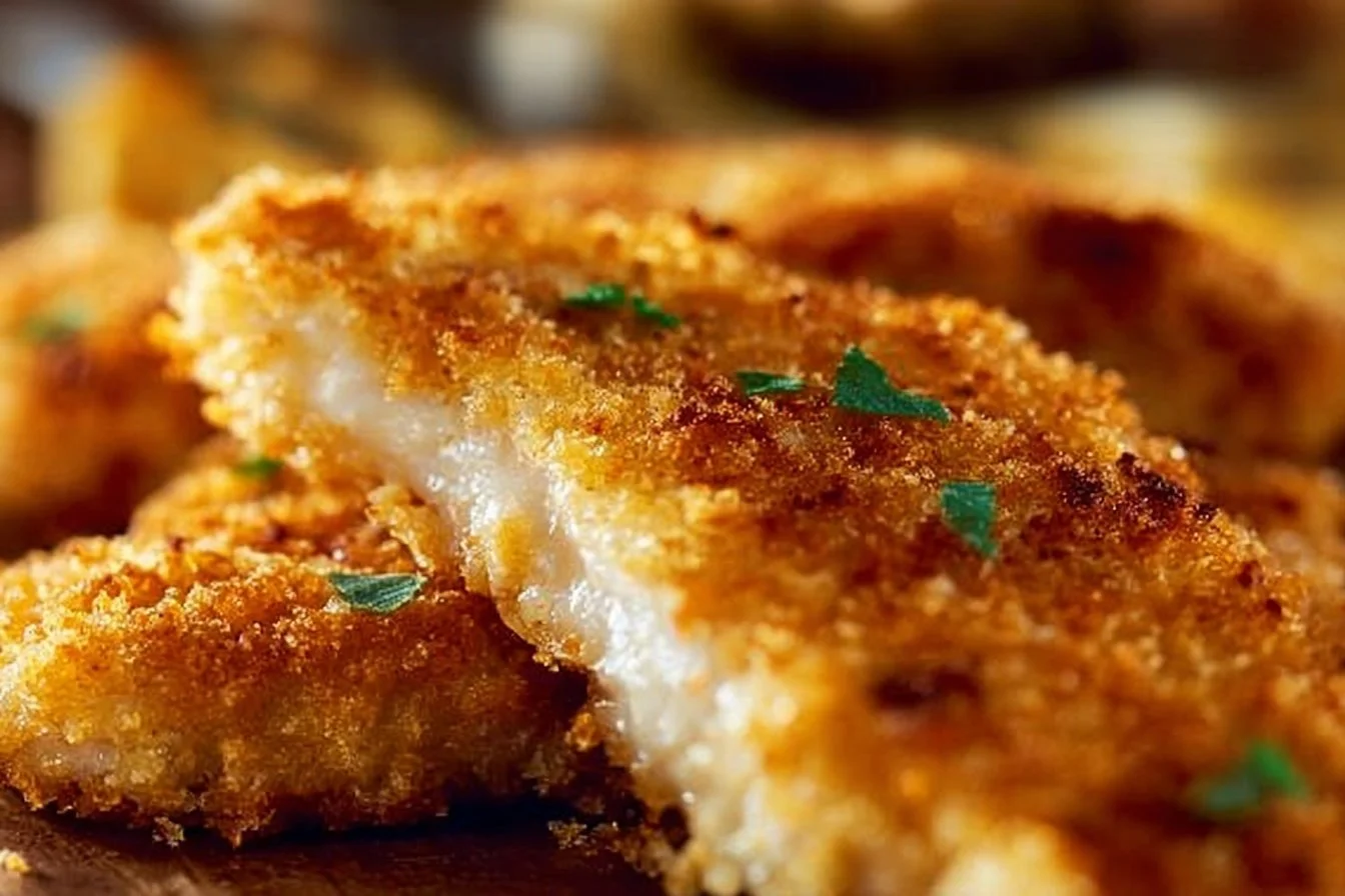 Crispy Baked Parmesan Chicken 5 Crispy baked parmesan chicken garnished and served on a plate.