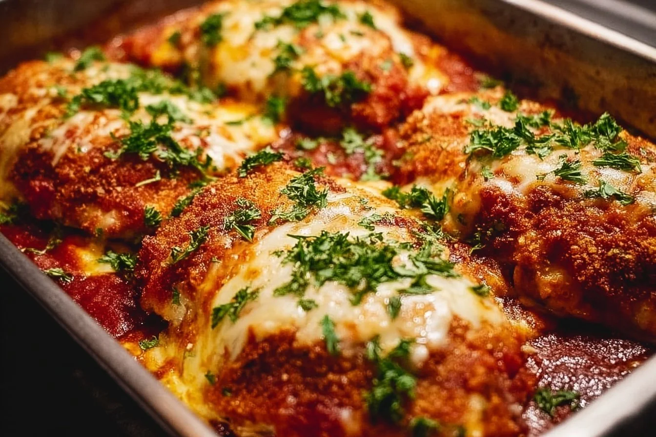 Crispy Chicken Parmesan 4 Crispy Chicken Parmesan with marinara sauce and melted cheese