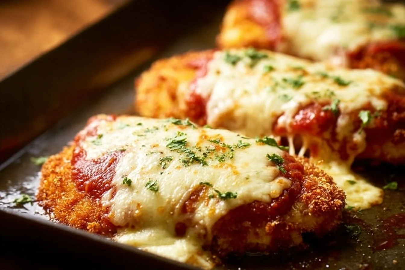 Plate of crispy chicken parmesan with marinara sauce and melted cheese