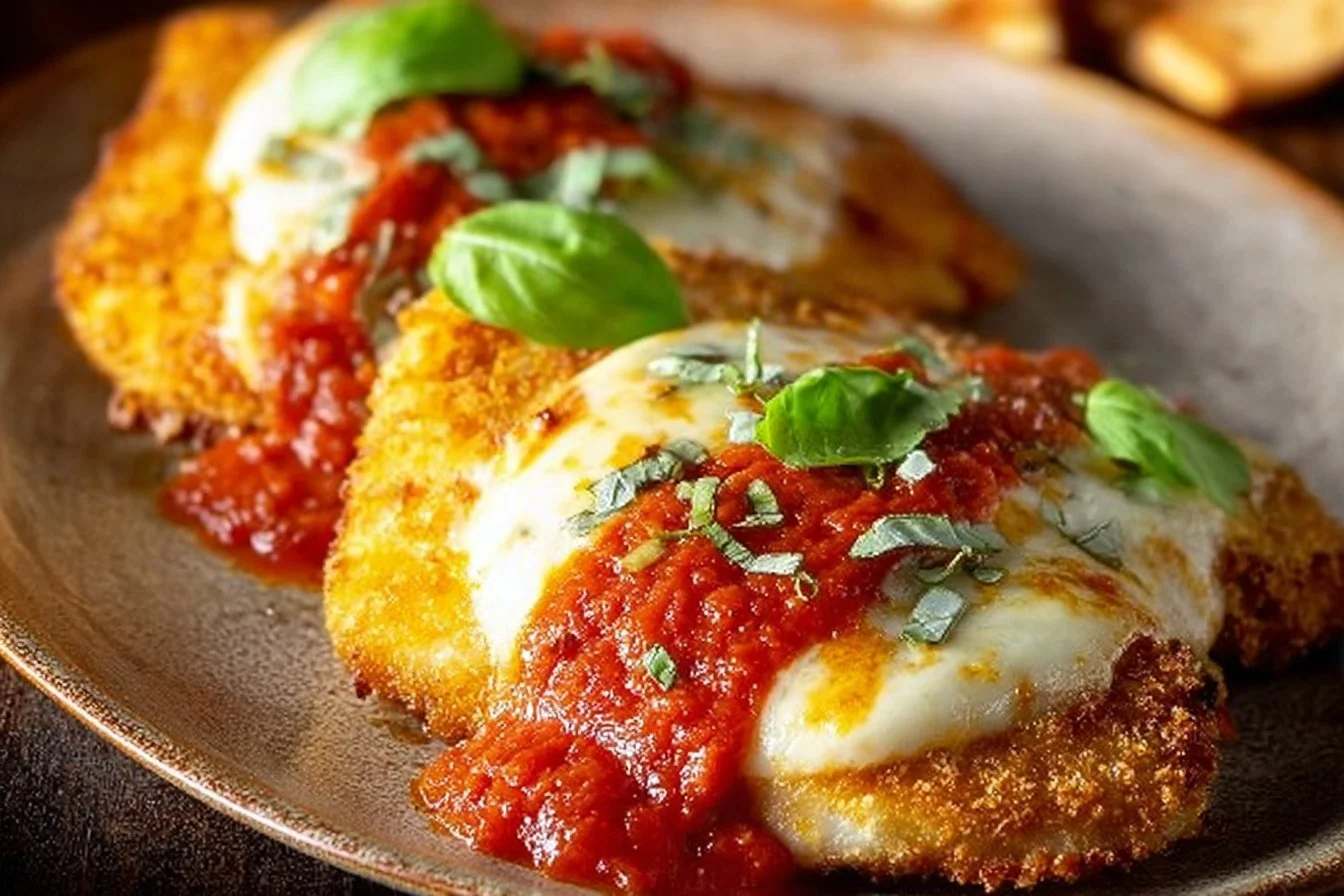 Crispy Chicken Parmesan served with marinara sauce and melted cheese