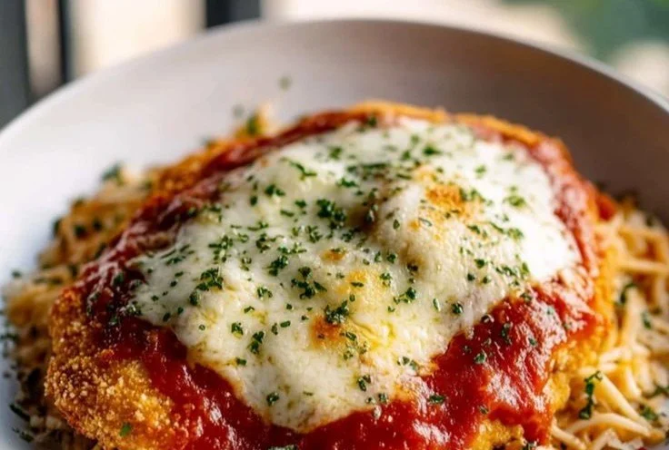 Crispy Chicken Parmesan 4 Plate of crispy chicken parmesan topped with marinara sauce and melted cheese