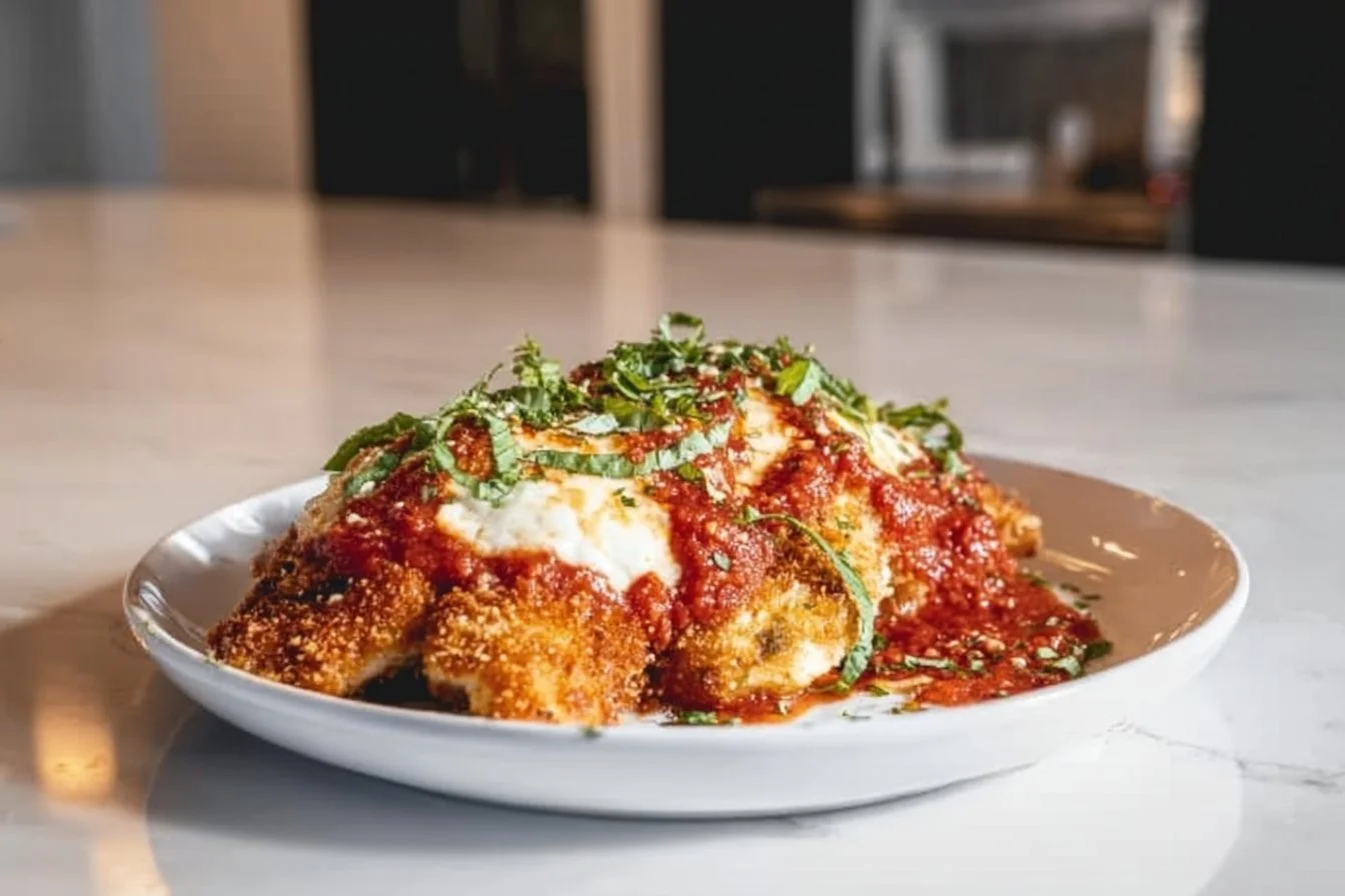 Crispy chicken parmesan served with marinara sauce and melted cheese