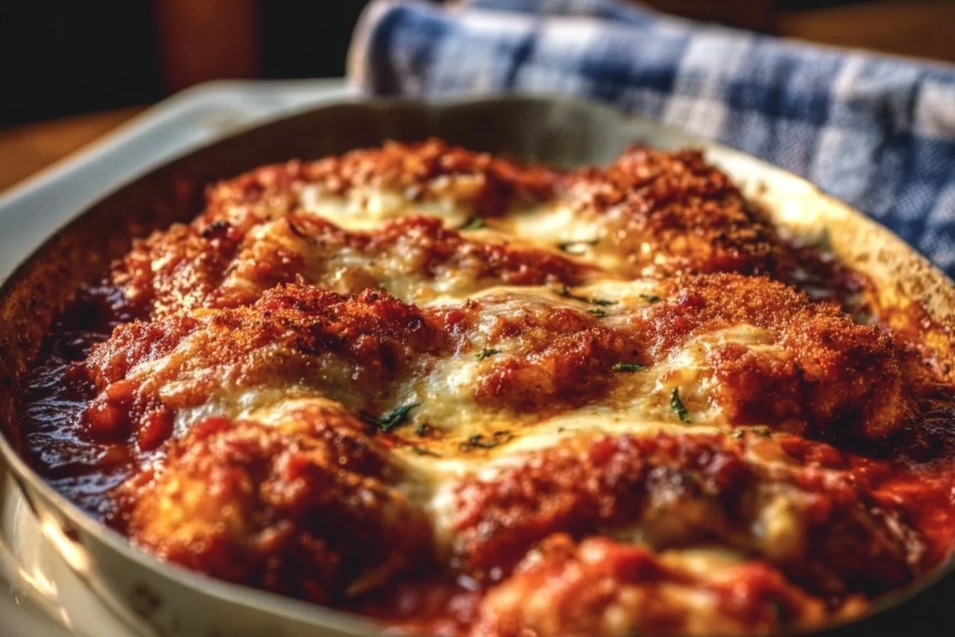 Delicious Crispy Chicken Parmesan Casserole served in a baking dish