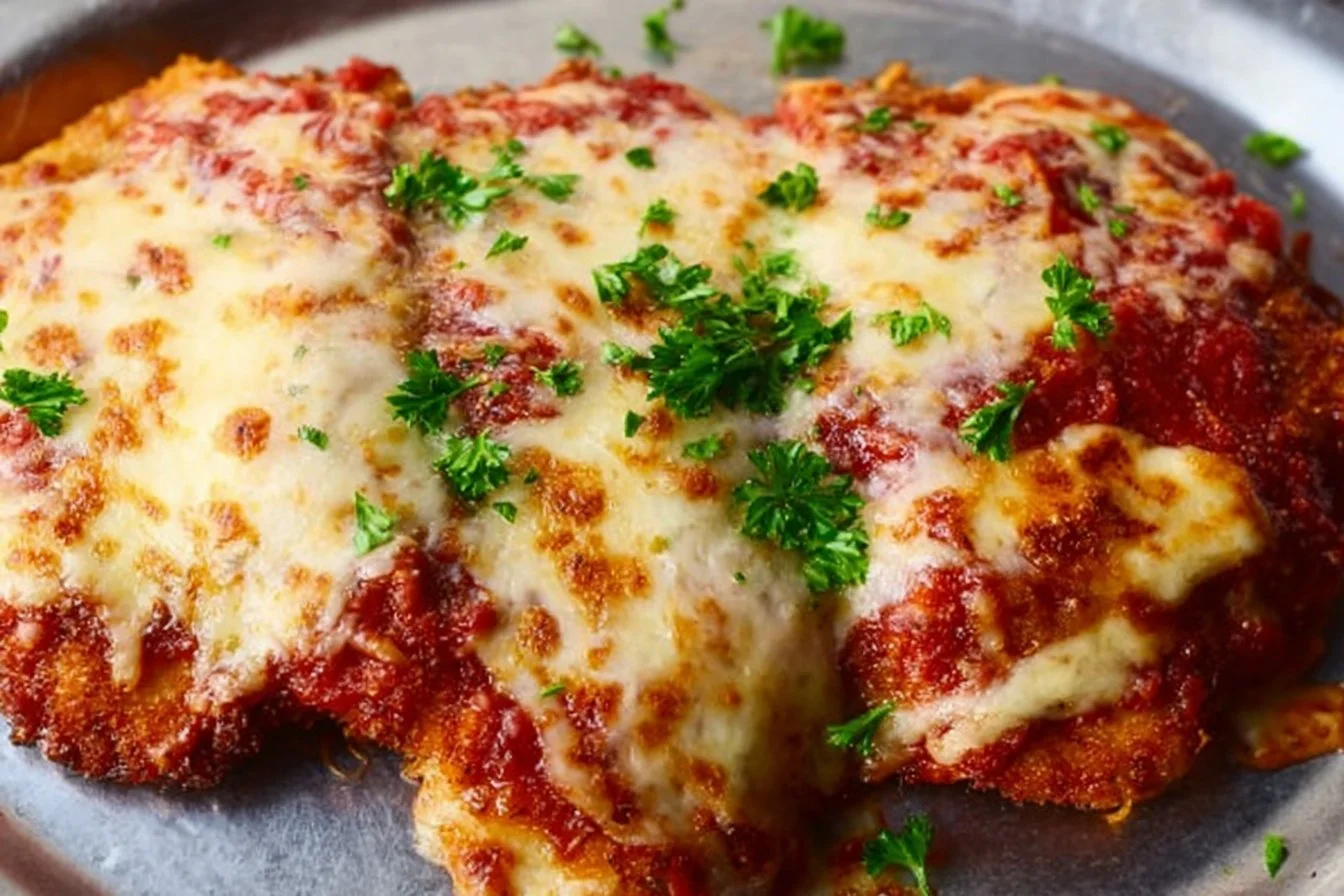 Crispy Chicken Parmigiana 4 Delicious Crispy Chicken Parmigiana with marinara sauce and melted cheese