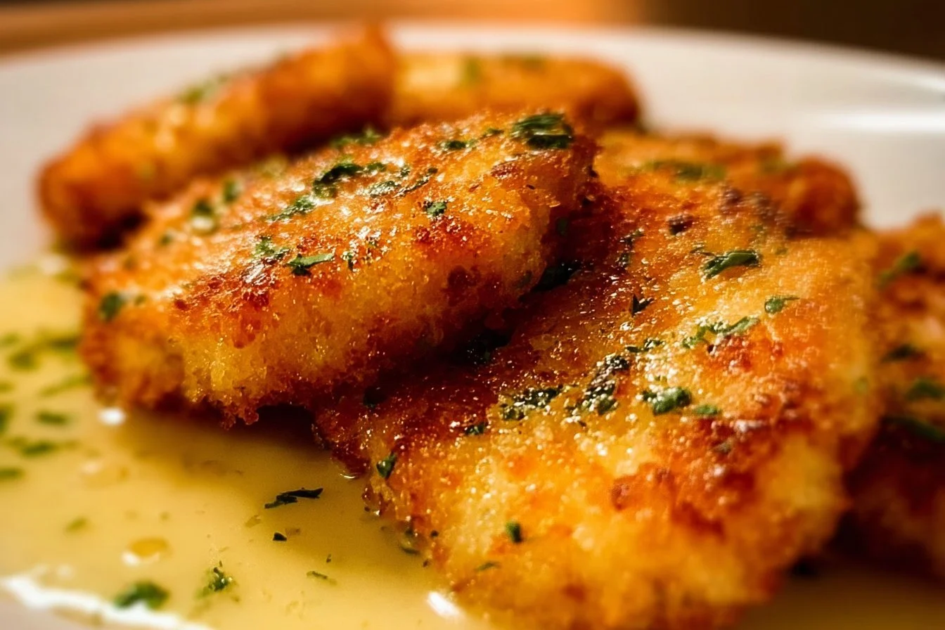 Crispy Parmesan Chicken served with herbs and garnishes