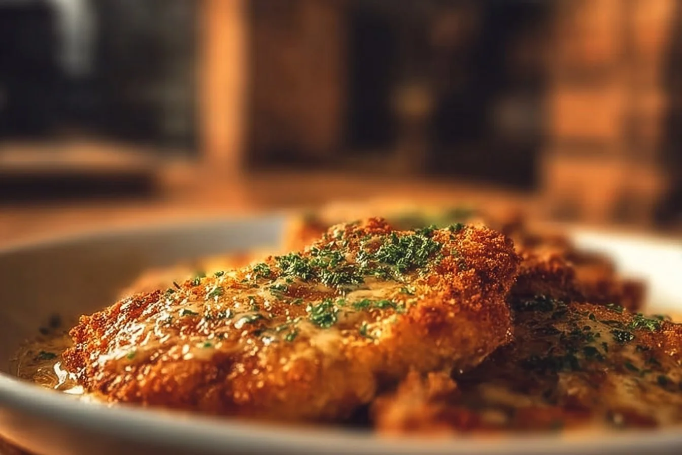 Crispy Parmesan Chicken served with a side of vegetables and garnish.