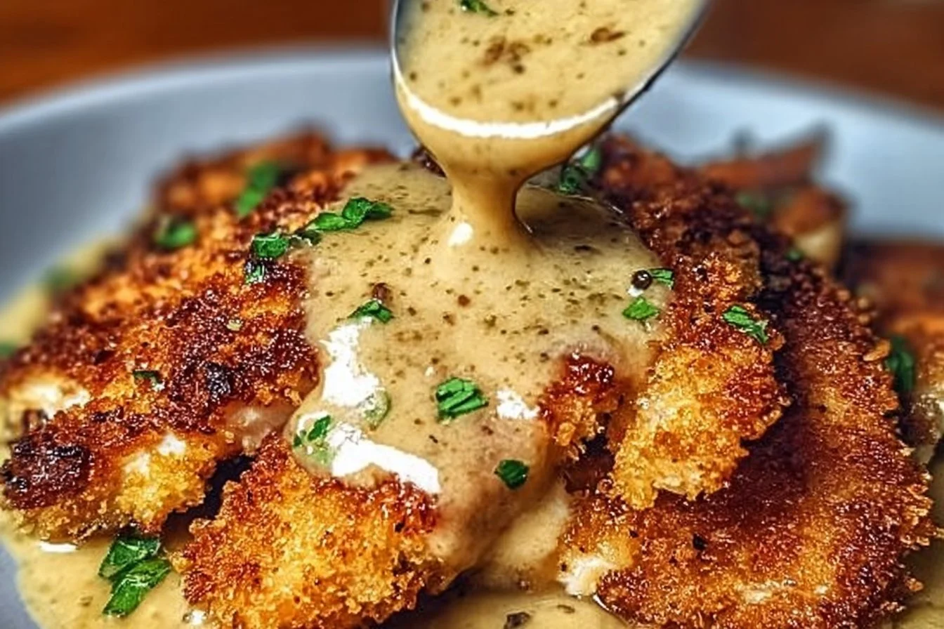 Crispy Parmesan chicken served with rich garlic sauce on a plate