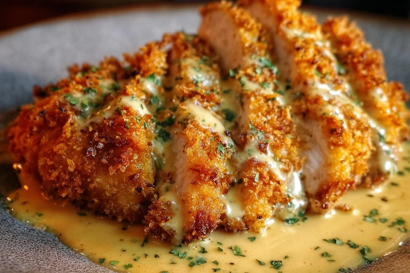 Crispy Parmesan Chicken with Creamy Garlic Sauce 4 Crispy Parmesan Chicken served with creamy garlic sauce on a plate