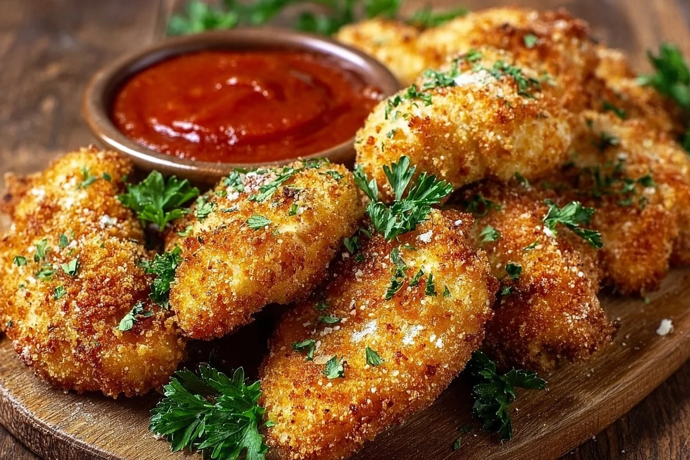Crispy Parmesan crusted chicken on a plate garnished with herbs