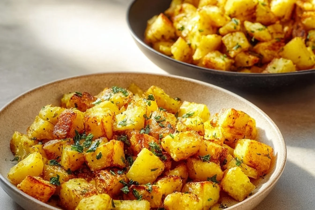 Crispy Skillet Breakfast Potatoes 4 Crispy skillet breakfast potatoes served on a plate with herbs and spices
