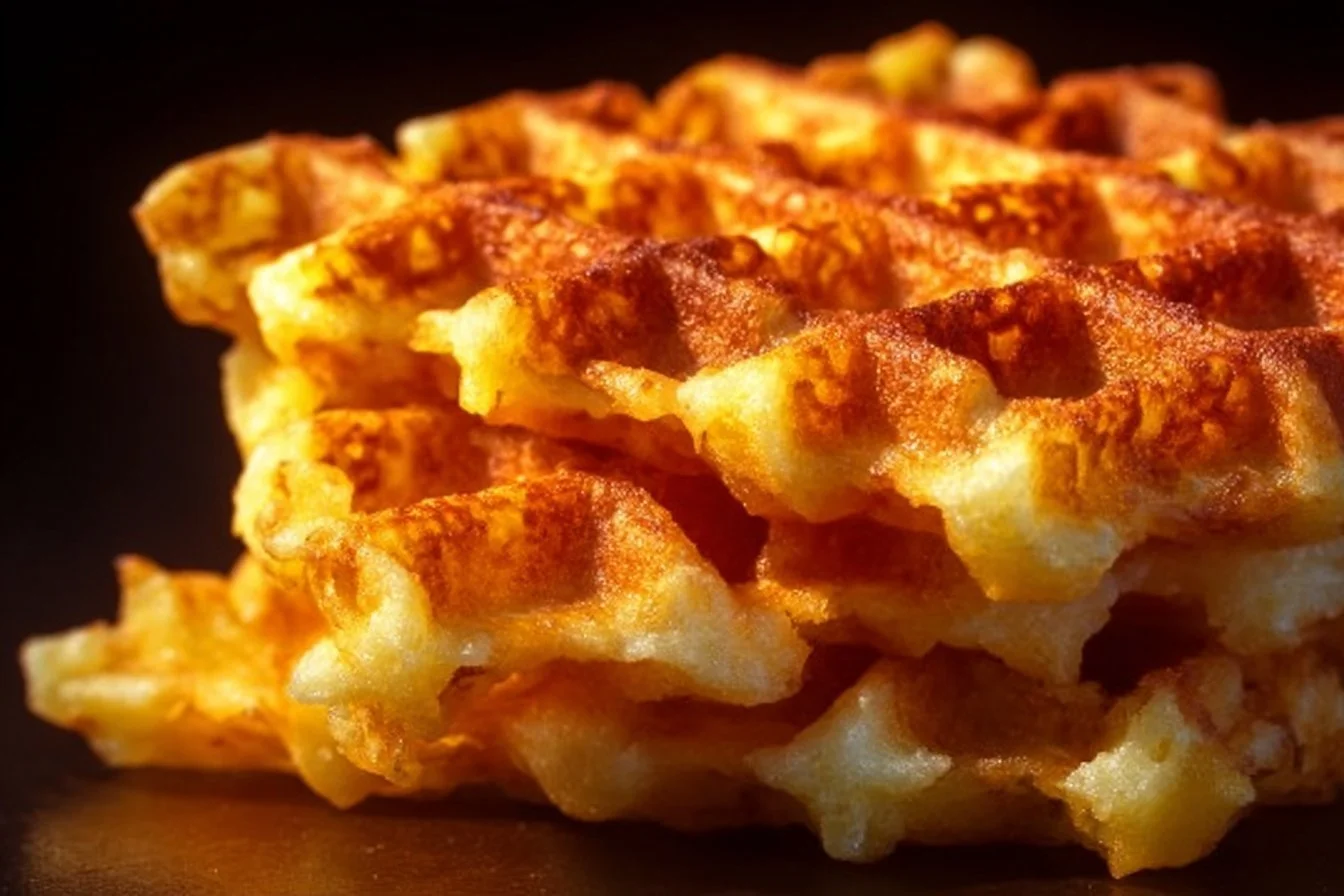 Crispy waffle iron hashbrowns served on a plate with dipping sauce