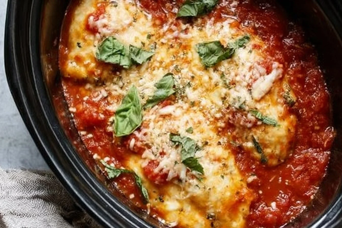 Crockpot Chicken Parmesan with melted cheese and marinara sauce topped with basil.
