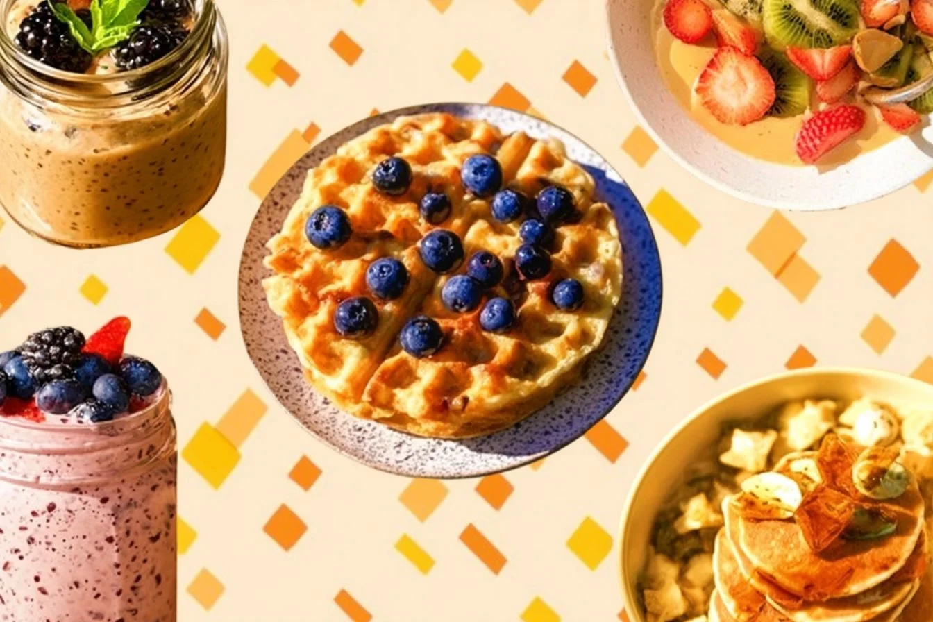 Variety of delicious breakfast ideas including pancakes, smoothies, and oatmeal.