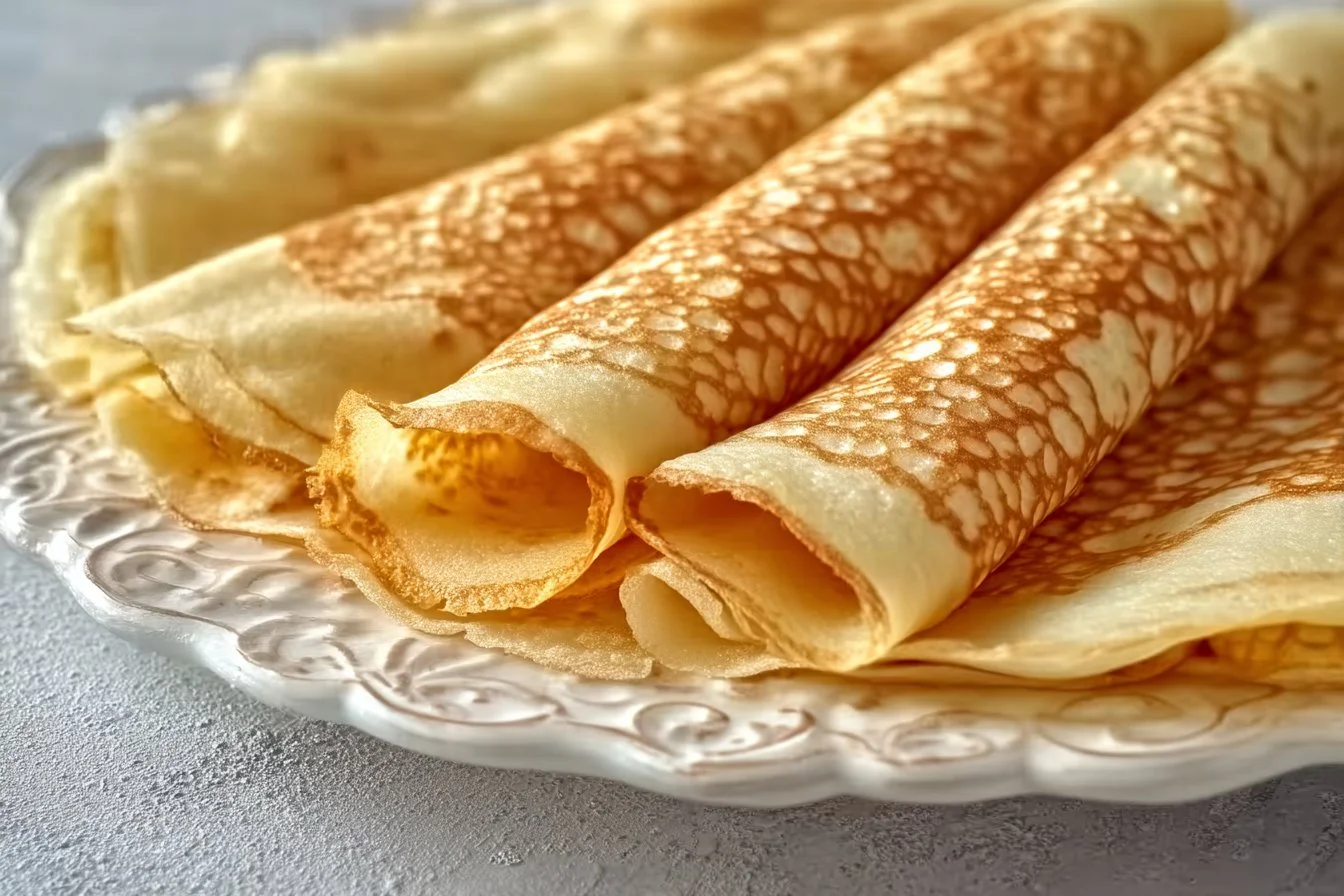 Delicious oatmeal crepes served with fresh fruits and syrup on a plate