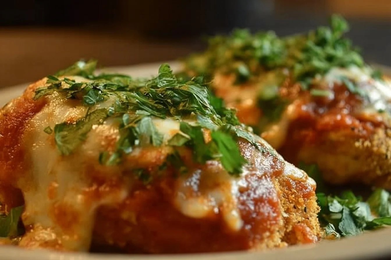 Delicious Stuffed Chicken Parmesan 4 Delicious stuffed chicken parmesan served with marinara sauce and herbs