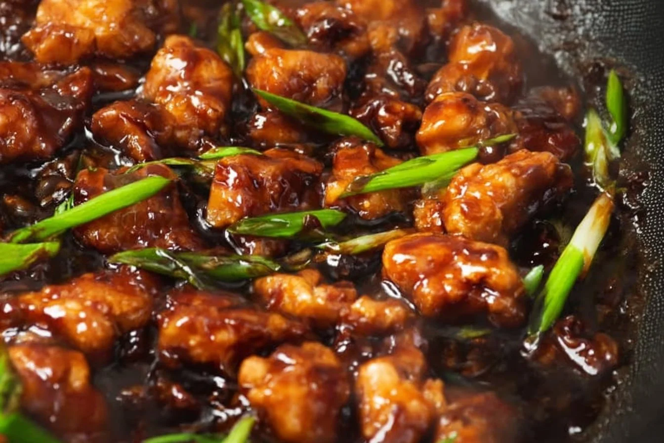 Easy 30-Minute Mongolian Chicken 5 Plate of Easy 30-Minute Mongolian Chicken garnished with green onions