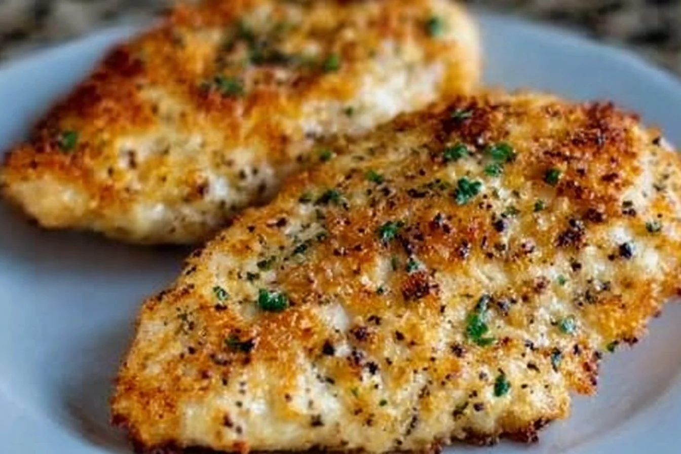 Air fryer garlic parmesan crusted chicken served on a plate