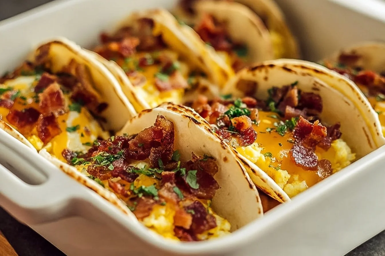 Delicious easy baked breakfast tacos served on a plate.