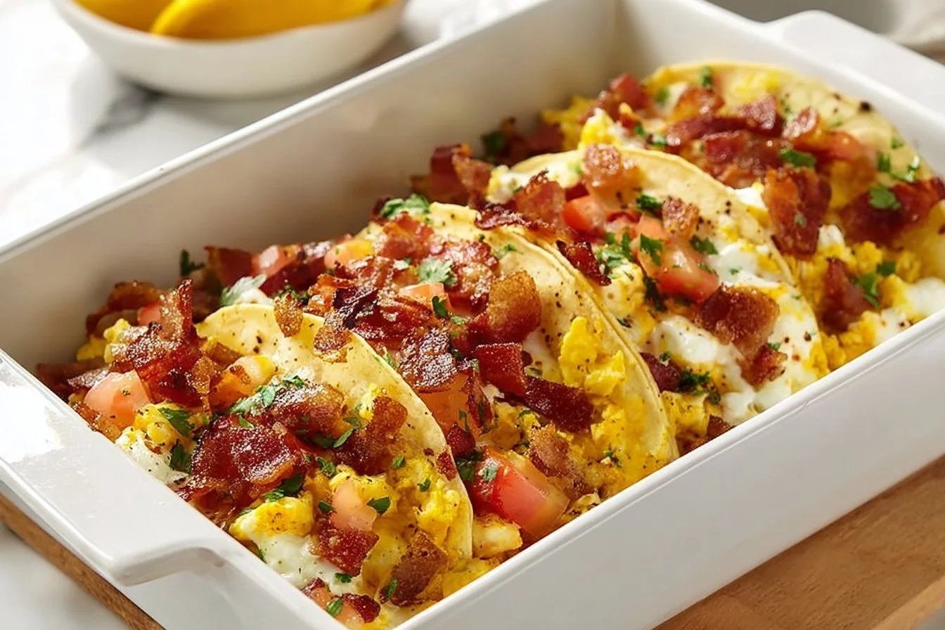Easy baked breakfast tacos on a white plate with toppings