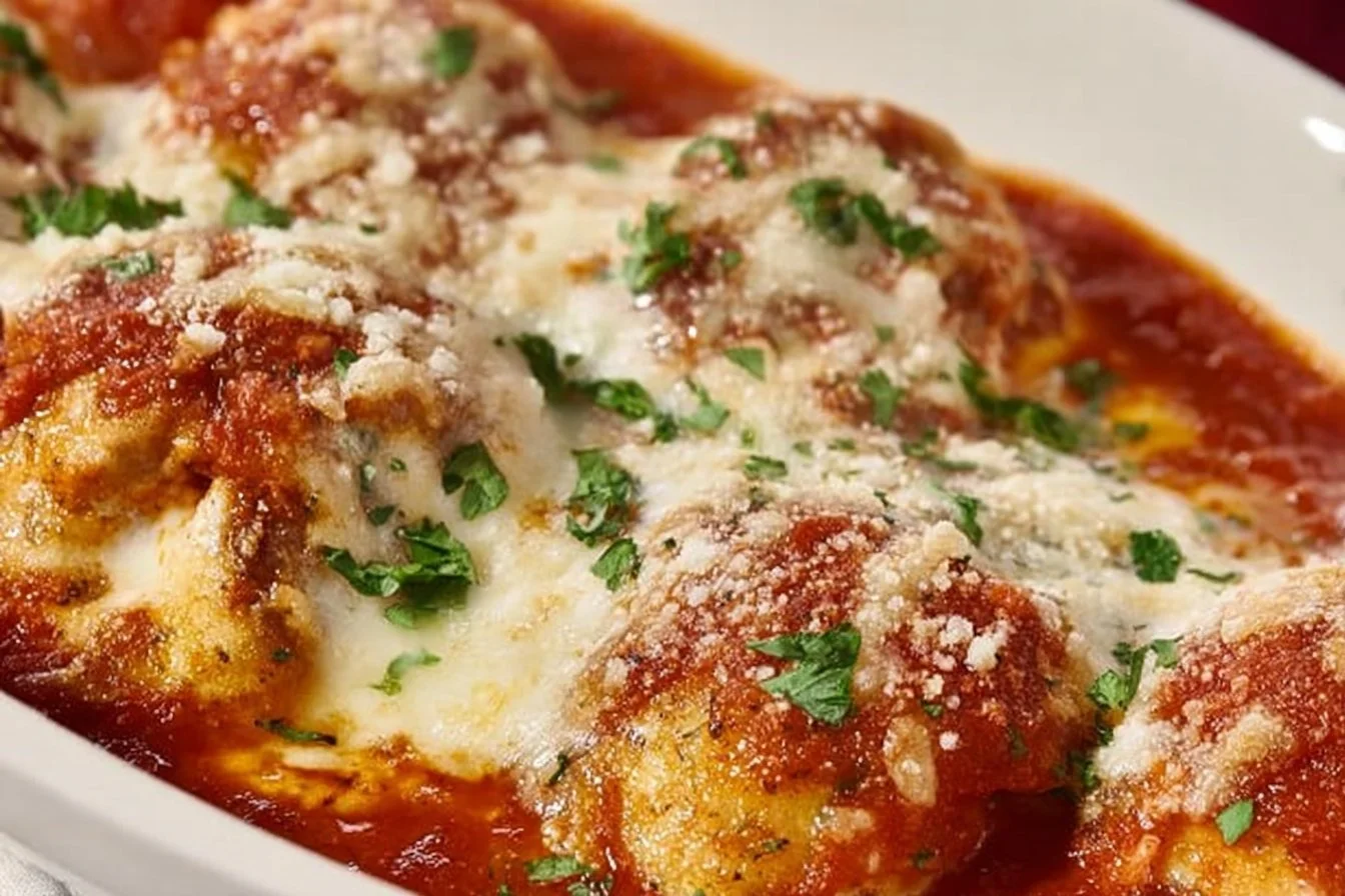 Plate of Easy Baked Chicken Parmesan garnished with fresh herbs